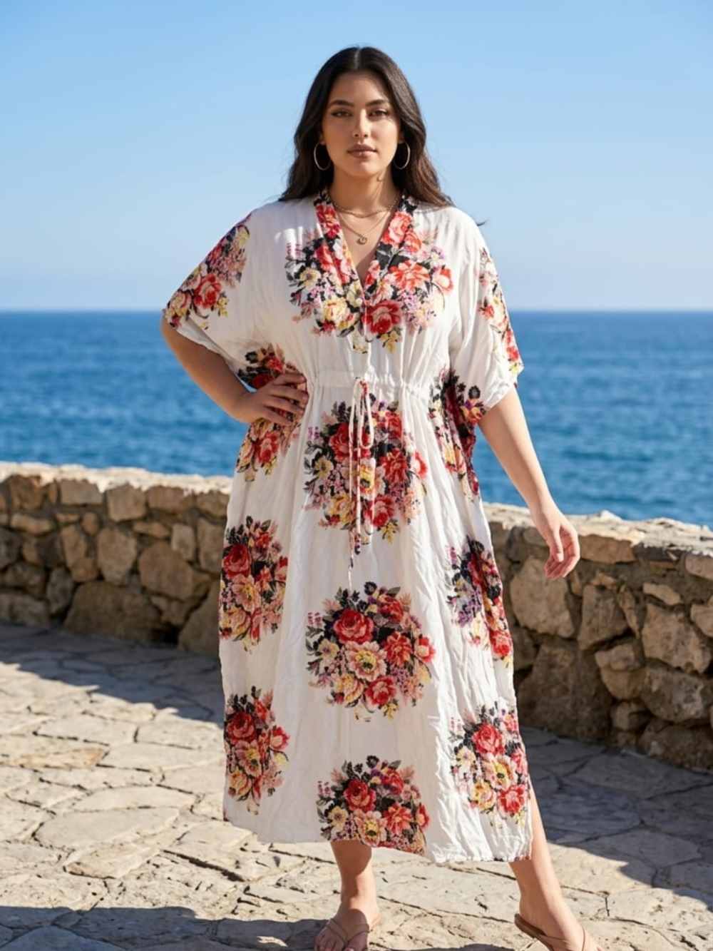 Floral V-Neck White Maxi Dress with Drawstring Waist